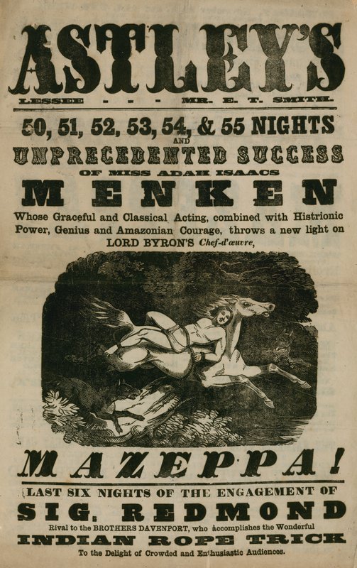 A londoni Astleys Amphitheatre reklámja, Mazeppa közreműködésével, Adah Isaacs Menken főszereplésével alkotó: English School