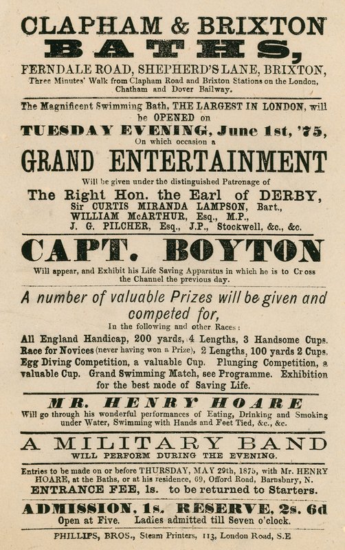 Clapham and Brixton Baths, Ferndale Road, Shepherds Lane, Brixton, London hirdetése; Boyton kapitány közreműködésével alkotó: English School