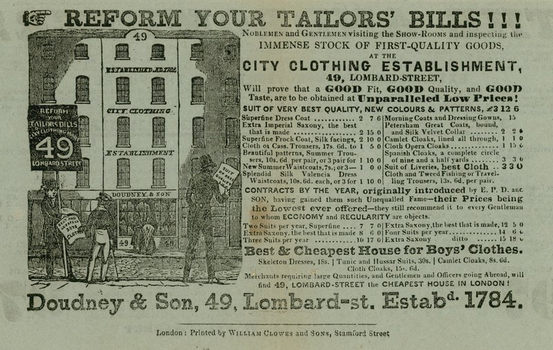 A Doudney & Son, City ruházati intézmény hirdetése, 49 Lombard Street, London alkotó: English School