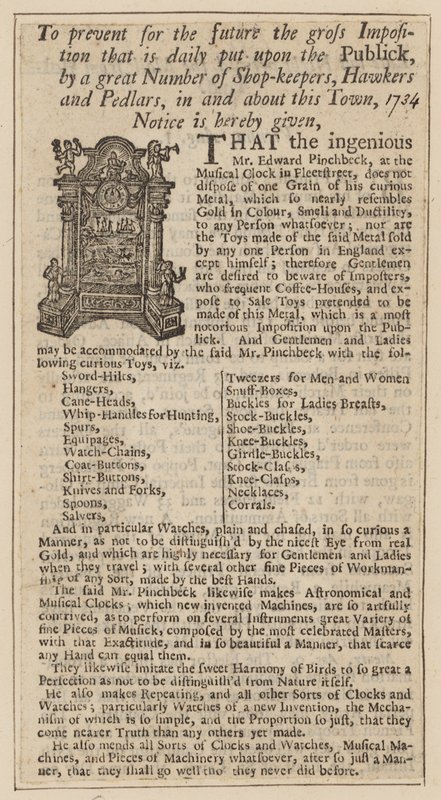 Edward Pinchbeck reklámja, Musical Clock, Fleet Street, London, 1734-ből alkotó: English School