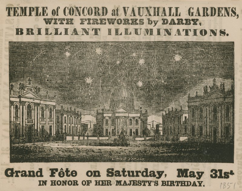 A Grand Fete hirdetése a Concord templomban, a Vauxhall Gardensben alkotó: English School