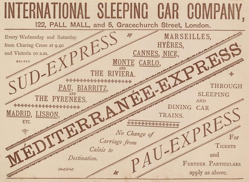 Az International Sleeping Car Company hirdetése, 122 Pall Mall és 5 Graceshurch Street, 1888 alkotó: English School