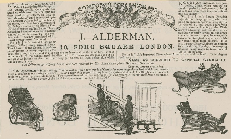 J Alderman, rokkantkocsik gyártójának hirdetése (metszet) alkotó: English School