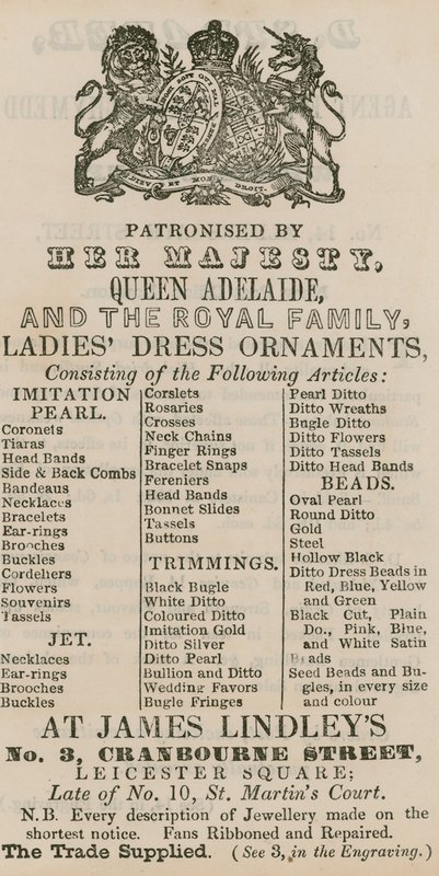 James Lindleys hirdetése, 3 Cranbourne Street, Leicester Square, London alkotó: English School