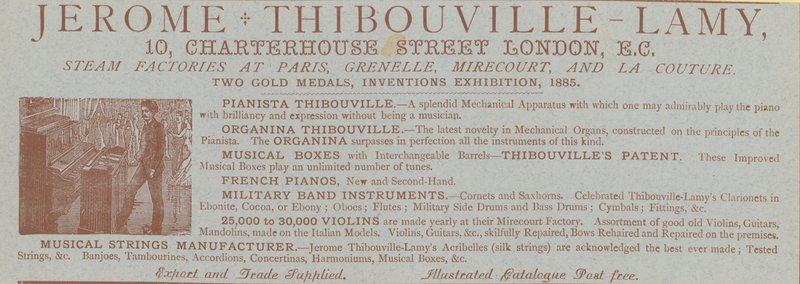Jerome Thibouville-Lamy hirdetése, 10 Charterhouse Street, London, hangszerkészítő alkotó: English School