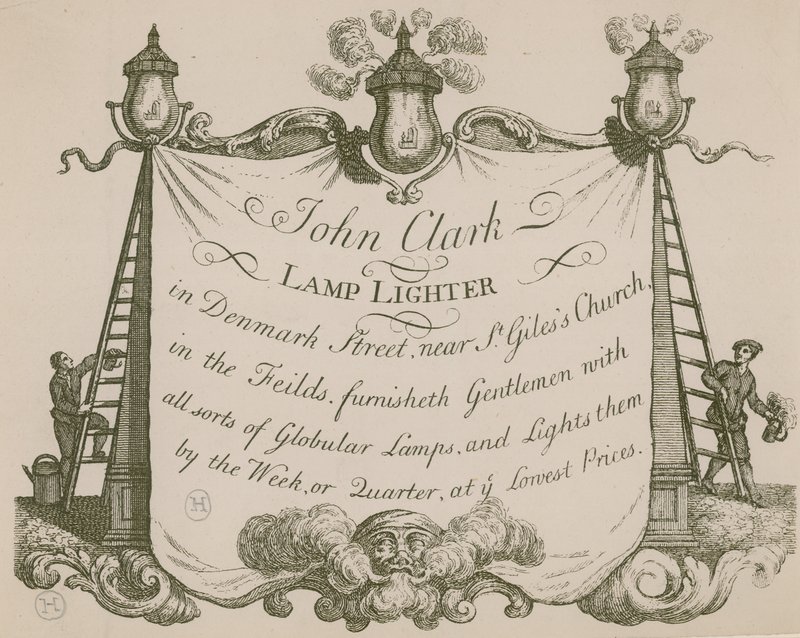John Clarke lámpagyújtó hirdetése, Denmark Street, London alkotó: English School