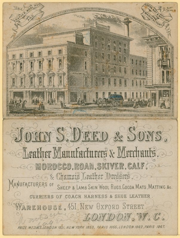 John S Deed & Sons, bőrgyártók és -kereskedők hirdetése, 451 New Oxford Street, London alkotó: English School