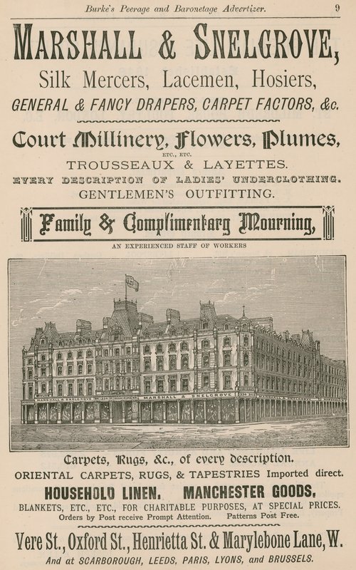 Marshall & Snelgrove, Silk Mercers, Lacemen, Hosiers hirdetése alkotó: English School