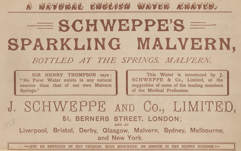 A forrásoknál palackozott Schweppes Sparkling Malvern hirdetése, Malvern alkotó: English School