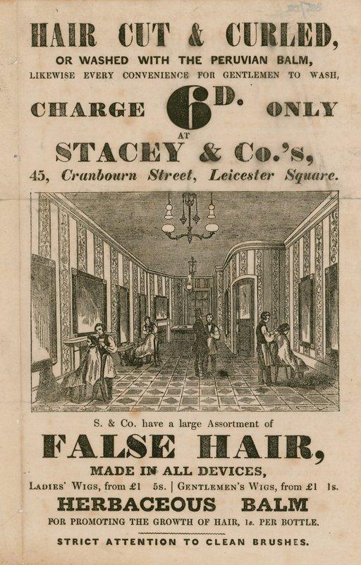 Stacey & Co.s, 45 Cranbourne Street, Leicester Square, London, fodrászok hirdetése alkotó: English School