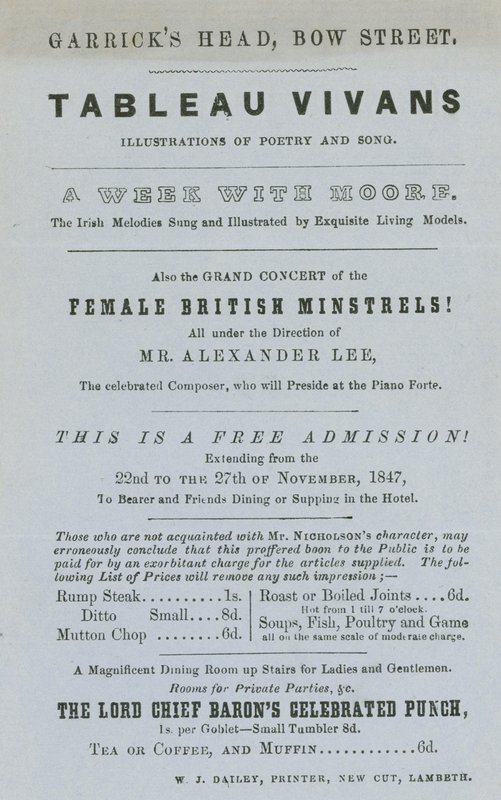 Tableau Vivans hirdetése, költészet és dal illusztrációi, Garricks Head, Bow Street, London alkotó: English School