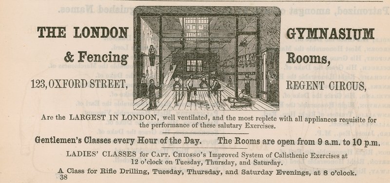 A London Gymnasium & Fencing Rooms hirdetése, 123 Oxford Street, Regent Circus alkotó: English School