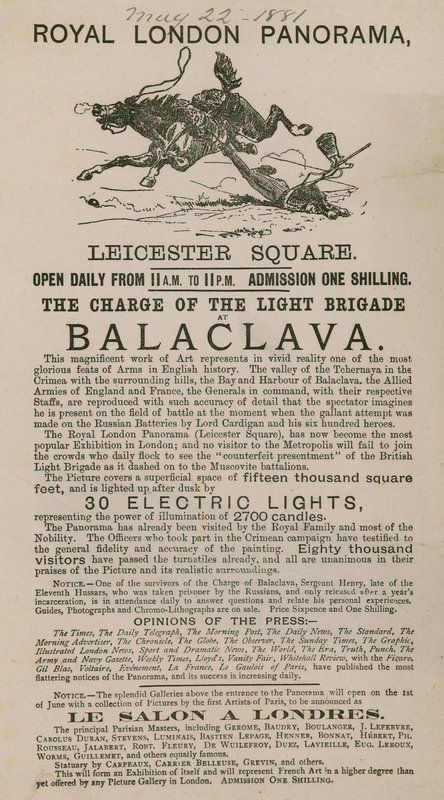 A Royal London Panorama hirdetése a Balaclava-i Light Brigade rohamával alkotó: English School
