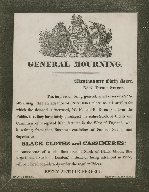 W P és E Dudden hirdetése, Westminster Cloth Mart, 7 Tothill Street alkotó: English School