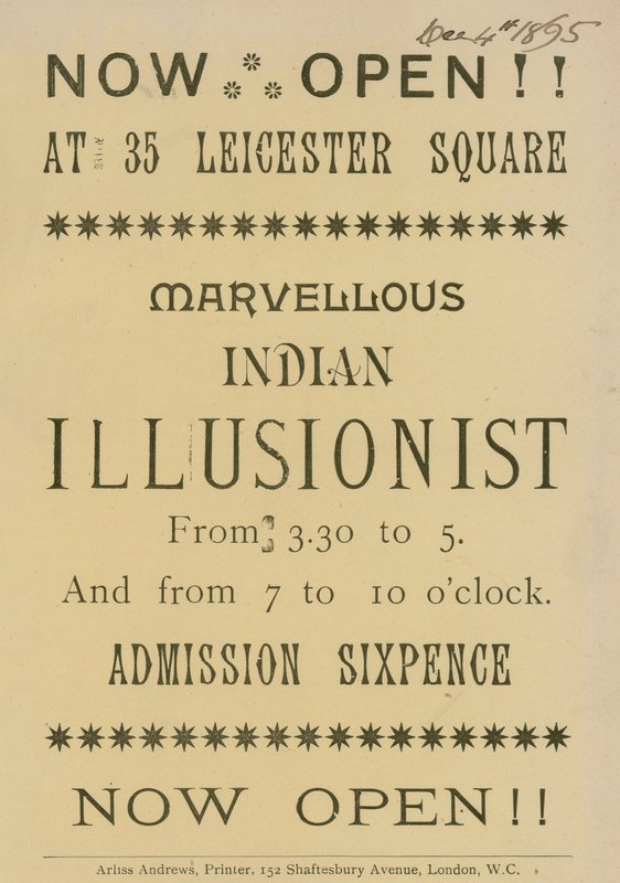 Egy indiai illuzionista hirdetése a londoni Leicester Square 35. szám alatt alkotó: English School