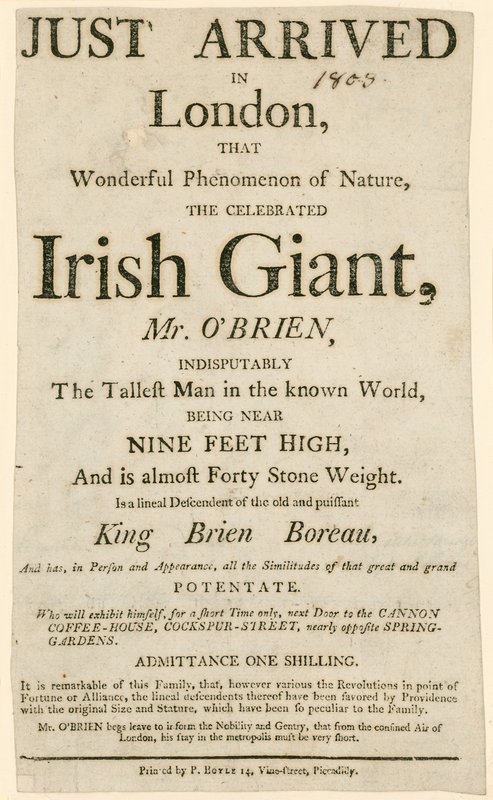 Charles Byrne, más néven OBrien, az ír óriás megjelenésének hirdetése, a világ legmagasabb embere alkotó: English School