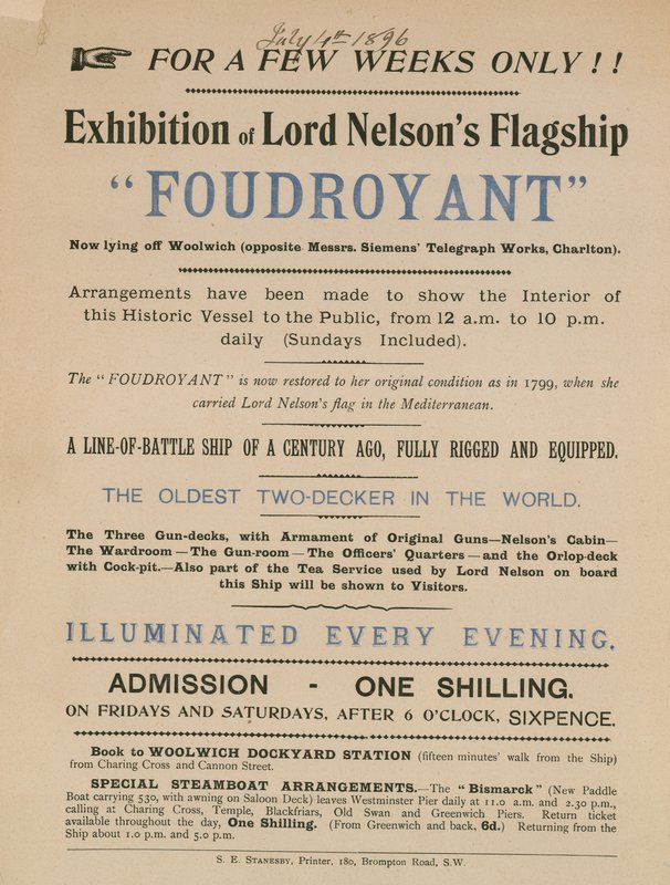 Lord Nelsons zászlóshajója, a Foudroyant kiállításának hirdetése alkotó: English School
