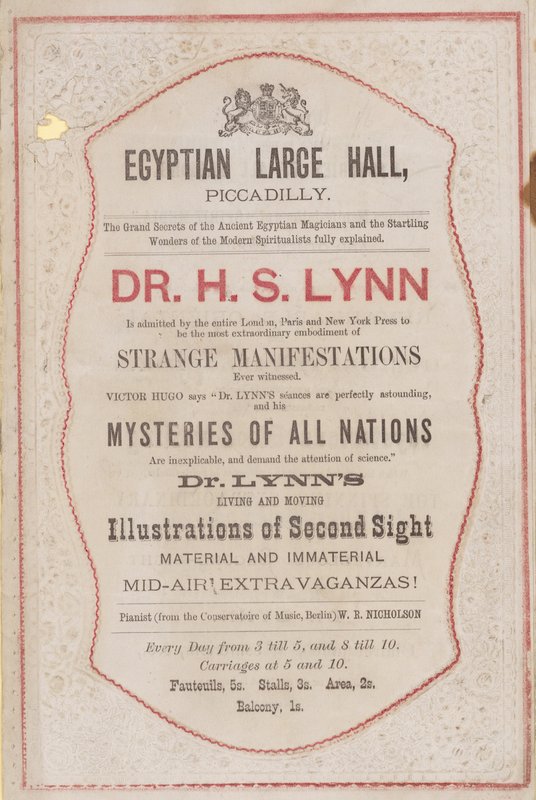 Dr. H. S. Lynn megjelenésének hirdetése az Egyptian Hallban alkotó: English School