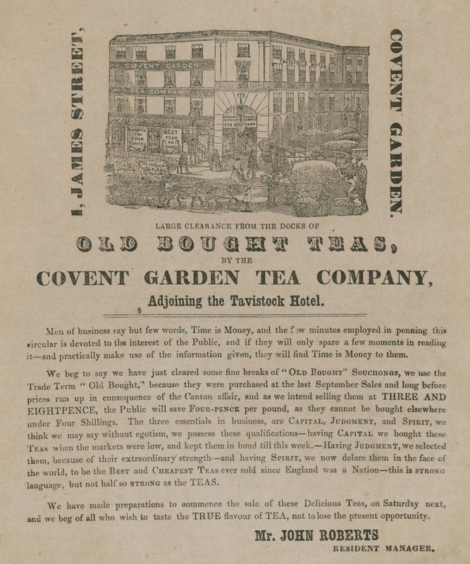 Régi vásárolt teák hirdetése a Covent Garden Tea Company-tól alkotó: English School