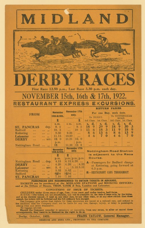 Vasúti kirándulás hirdetése a Midland Derby Races versenyre, 1922. november 15-17. alkotó: English School