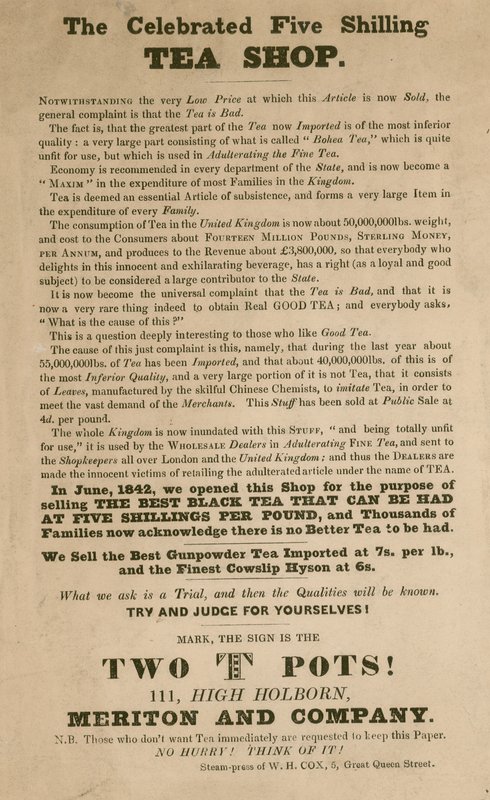 Az ünnepelt öt shilling teabolt, a Meriton and Company hirdetése alkotó: English School