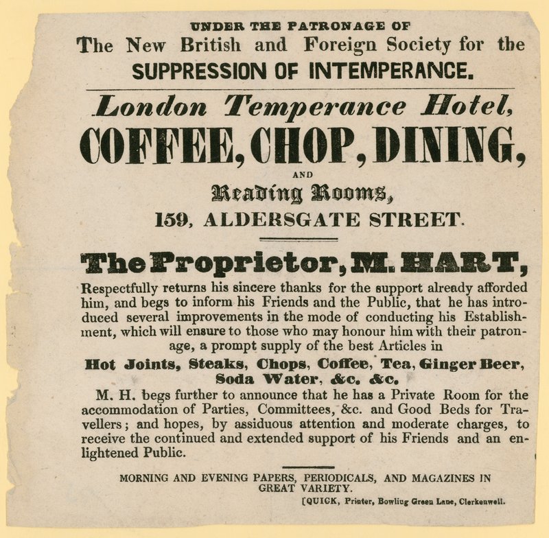 A London Temperance Hotel hirdetése az Új Brit és Külföldi Társaság a mértéktelenség elnyomásával védnöksége alatt alkotó: English School