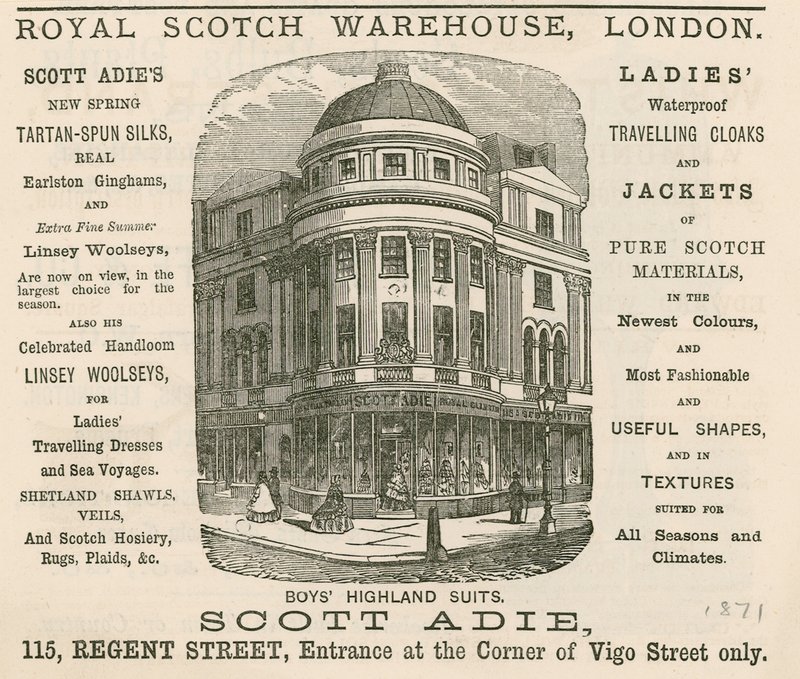 A Royal Scotch Warehouse hirdetése, 115 Regent Street, London alkotó: English School