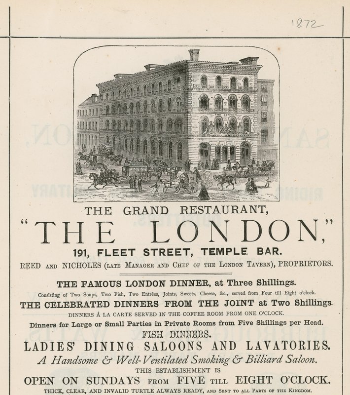 A The London nagyszerű étterem hirdetése, 191 Fleet Street, Temple Bar alkotó: English School