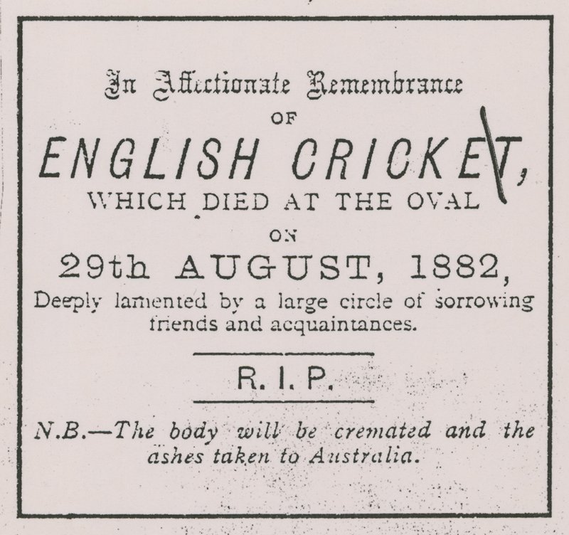 A Sporting Times reklámja 1882 augusztusában, amely bevezette a The Ashes koncepcióját alkotó: English School