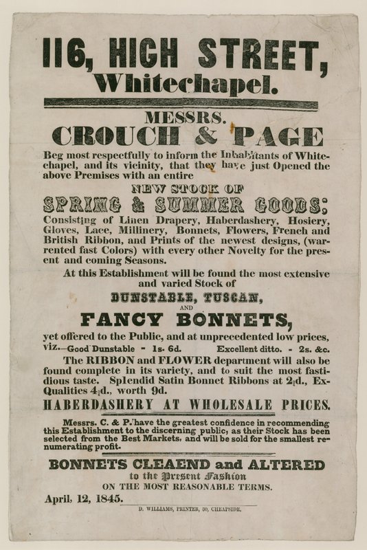 Crouch és Page, 116 High Street, Whitechapel hirdetése alkotó: English School