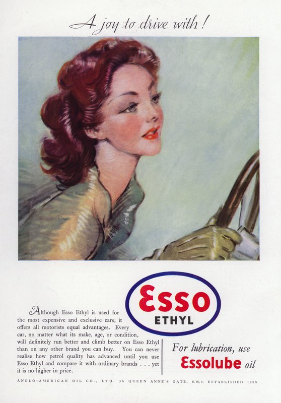 Az Esso Ethyl Oil reklámja, amely egy elbűvölő nőt ábrázol, aki vezet, 1937 alkotó: English School