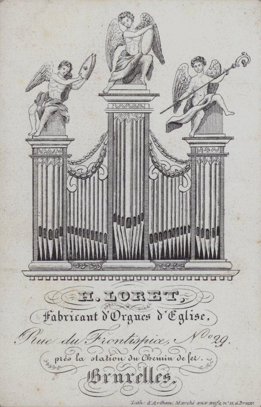 H Loret, templomi orgonakészítő hirdetése, Brüsszel, Belgium (litho) alkotó: English School