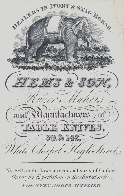 Reklám a Hems & Son cégnek, elefántcsont- és szarvasszarv-kereskedőknek, borotvakészítőknek és asztali kések gyártóinak, London (litho) alkotó: English School