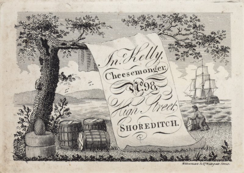 John Kelly, sajtkereskedő hirdetése, 98 High Street, Shoreditch, London alkotó: English School