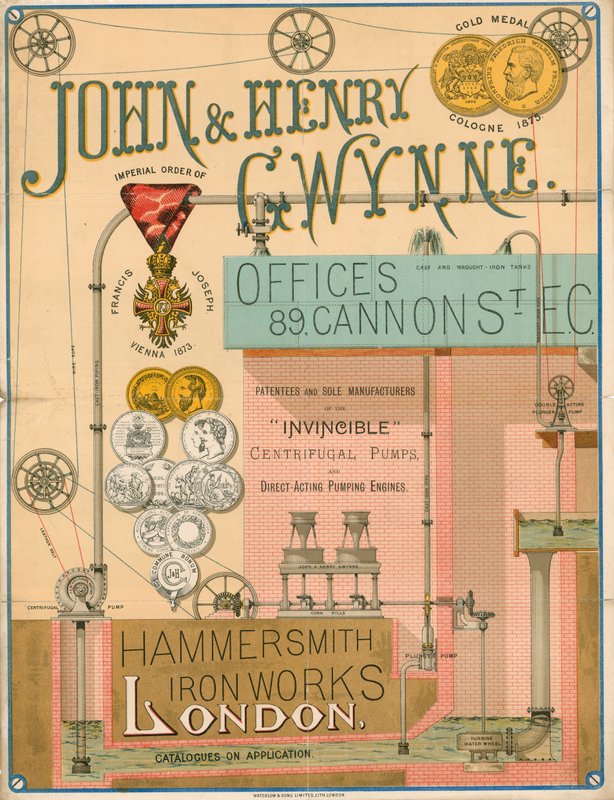 John and Henry Gwynne, 89 Cannon Street, London hirdetése, az Invincible centrifugálszivattyú gyártója alkotó: English School