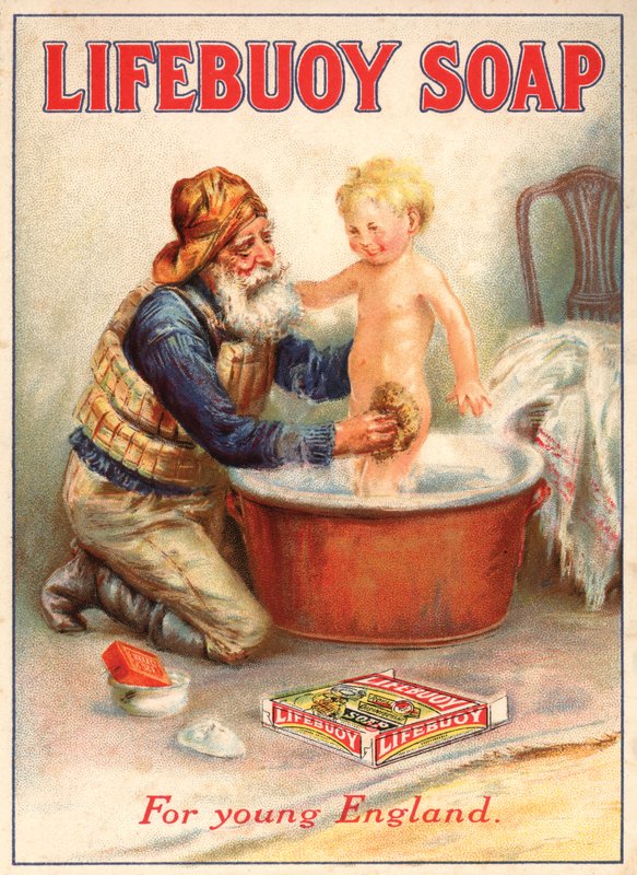 Reklám a Lifebuoy szappanhoz, amely egy gyermeket fürdető mentőcsónakost ábrázol alkotó: English School