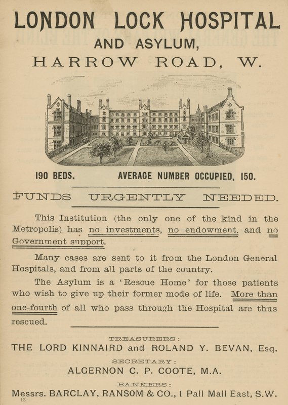 A London Lock Hospital and Asylum, Harrow Road, London hirdetése alkotó: English School