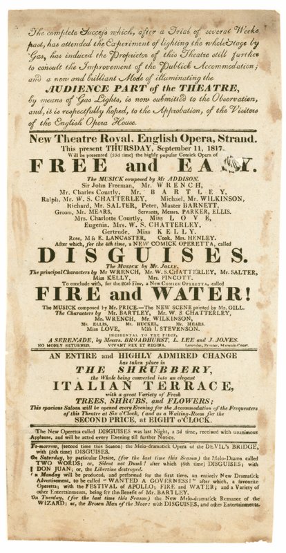 A New Theatre Royal, English Opera, Strand, London hirdetése 1817. szeptember 11-én, említve a gázvilágítást alkotó: English School