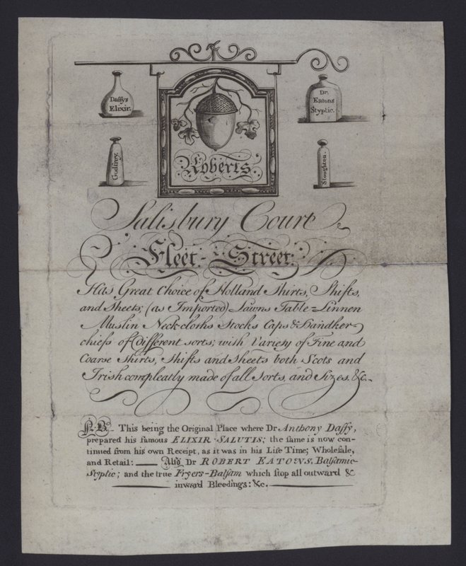 Roberts, ruhakereskedők hirdetése, a Salisbury Court, Fleet Street, London, ahol Dr. Anthony Daffy elkészítette Elixir Salutis című művét (metszet) alkotó: English School
