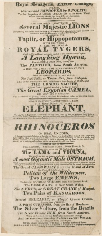 A Royal Menagerie, Exeter Change hirdetése alkotó: English School