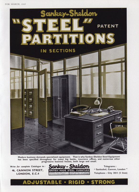 A Sankey-Sheldon acél válaszfalak hirdetése, 1937 alkotó: English School