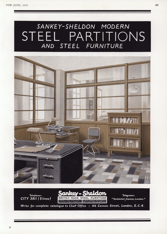 A Sankey-Sheldon acél válaszfalak hirdetése, 1937 alkotó: English School