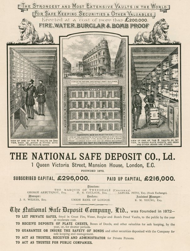 A National Safe Deposit Company hirdetése, Queen Victoria Street 1, Mansion House, London alkotó: English School