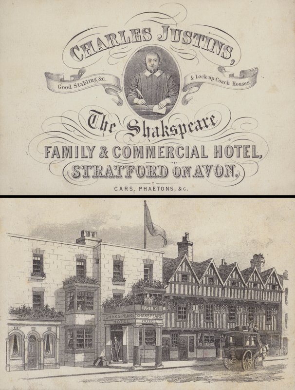 A Shakespeare Hotel hirdetése, Stratford on Avon, Warwickshire (metszet) alkotó: English School