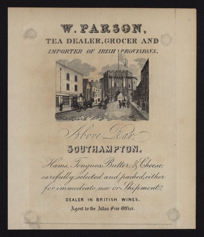 W Parson, teakereskedő, élelmiszerbolt és ír élelmiszerek importőrének hirdetése, Southampton, Hampshire alkotó: English School