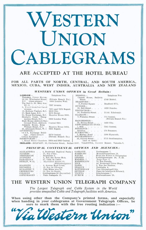 Reklám a Western Union kábelgrammokhoz (színes litho) alkotó: English School