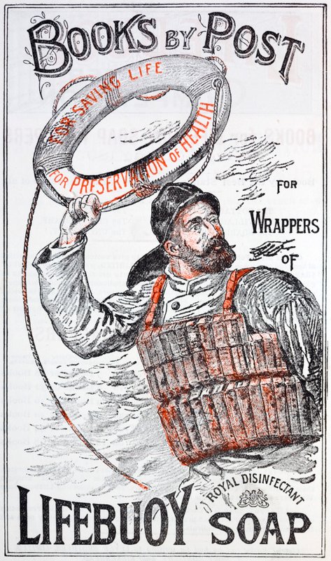 Könyvek hirdetése postai úton, a Lifebuoy szappan (színes litho) csomagolóanyag gyűjtéséért cserébe alkotó: English School