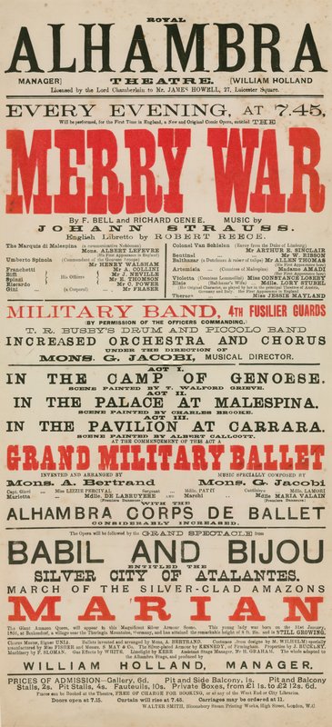 A Royal Alhambra Theatre reklámja, F Bell és Richard Genee Merry War című filmje Johann Strauss zenéjével alkotó: English School
