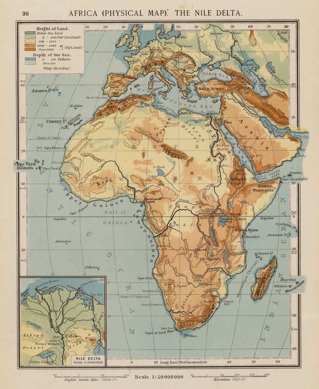 Afrika, fizikai térkép, Nílus-delta (színes litográfia) alkotó: English School