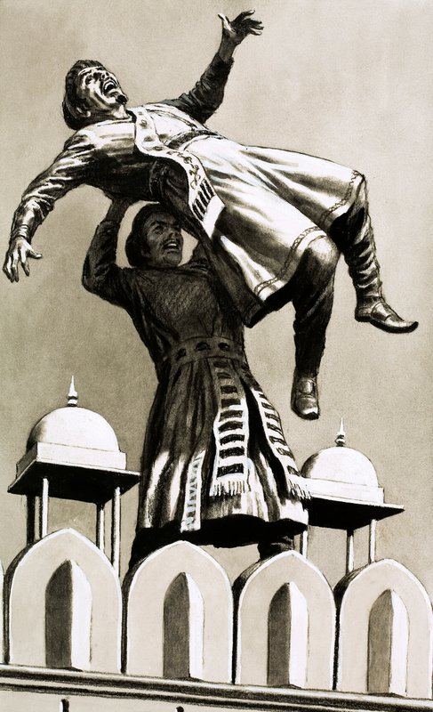 Akbar, Hindusztán királya ledobta a gyilkos Adham Khant a palota tetejéről (guache papíron) alkotó: English School